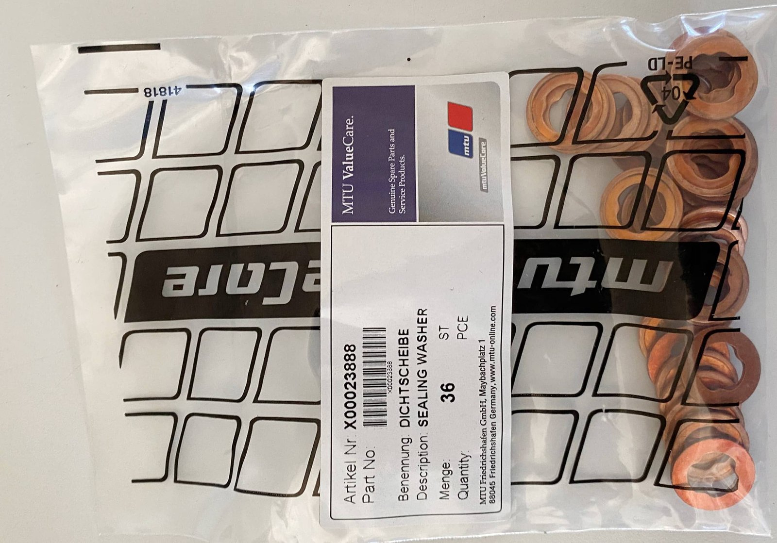 MTU X00023888 INJECTOR SEALING WASHER