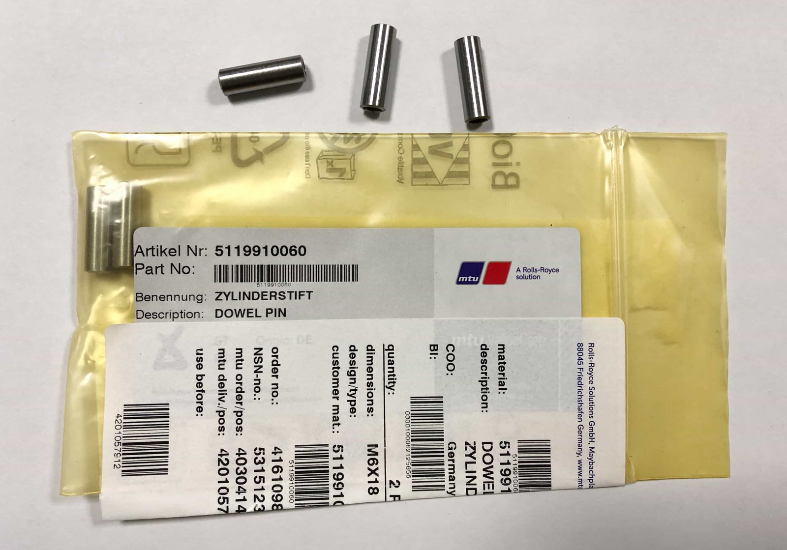 MTU 5119910060 ZR170 TURBOCHARGER DOWEL PIN